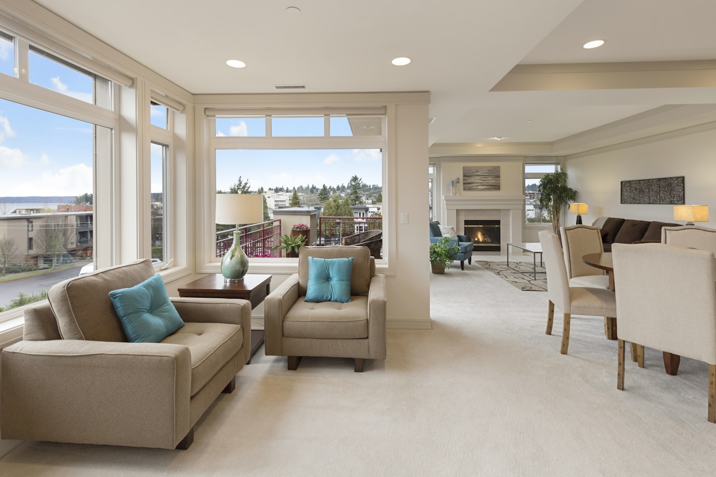 A bright open living room with large windows
